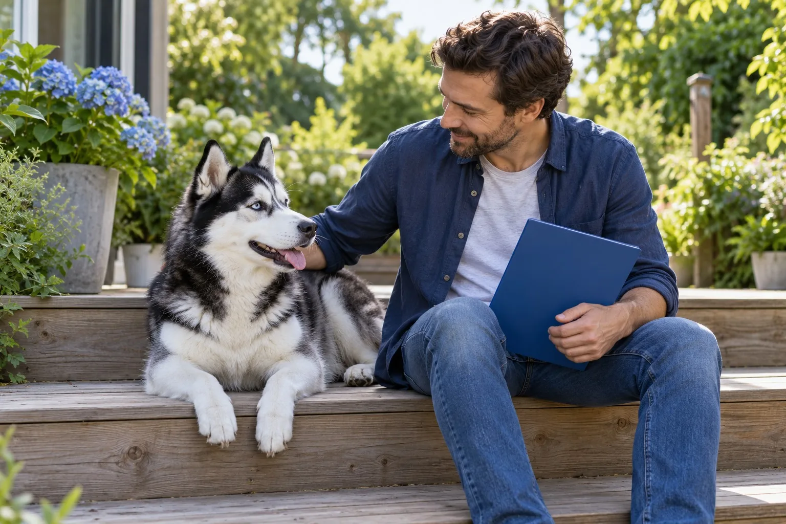 Owner with a Husky-type dog reviewing a document on a garden bench