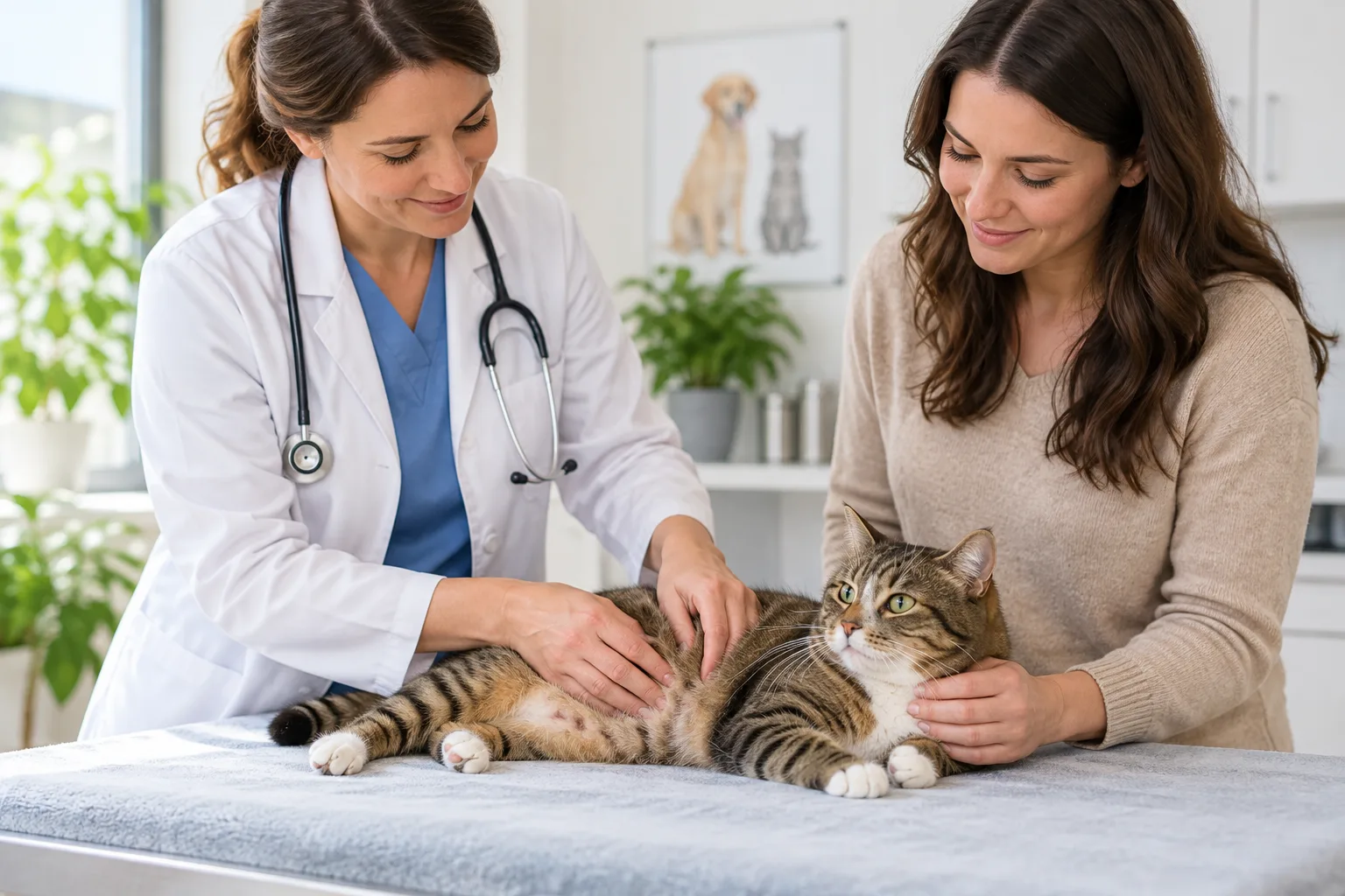 Owner and cat consulting a veterinary professional